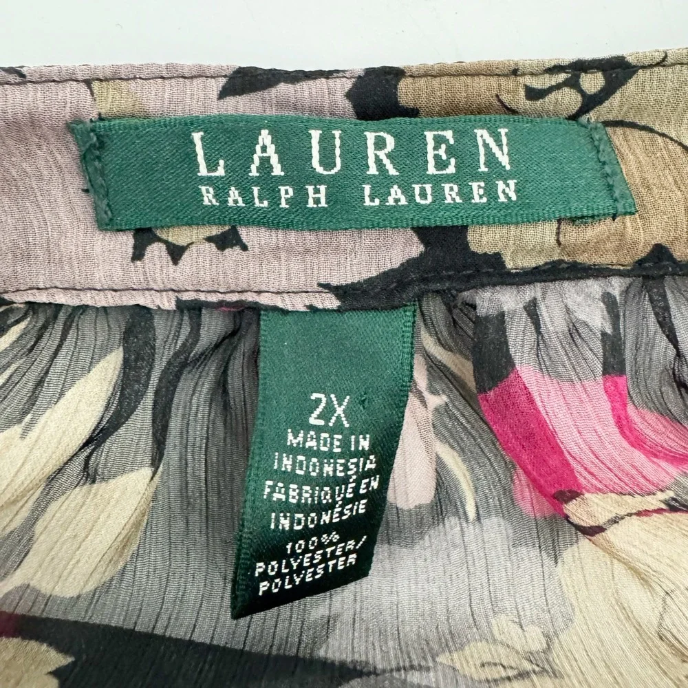 Lauren Ralph Lauren Blouse Womens 2X Black Floral Sheer Tie Neck Long Sleeve Top